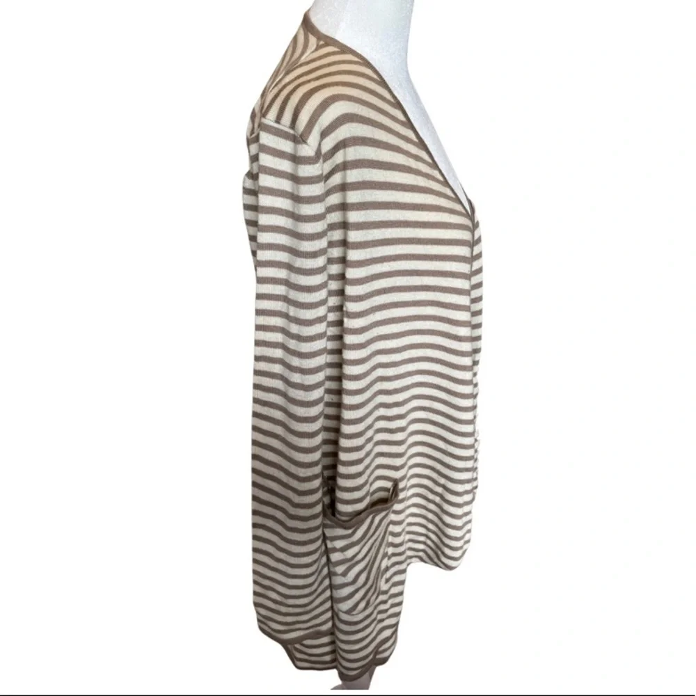 For Cynthia tan and brown striped cardigan with cinched back detail w/ pockets M